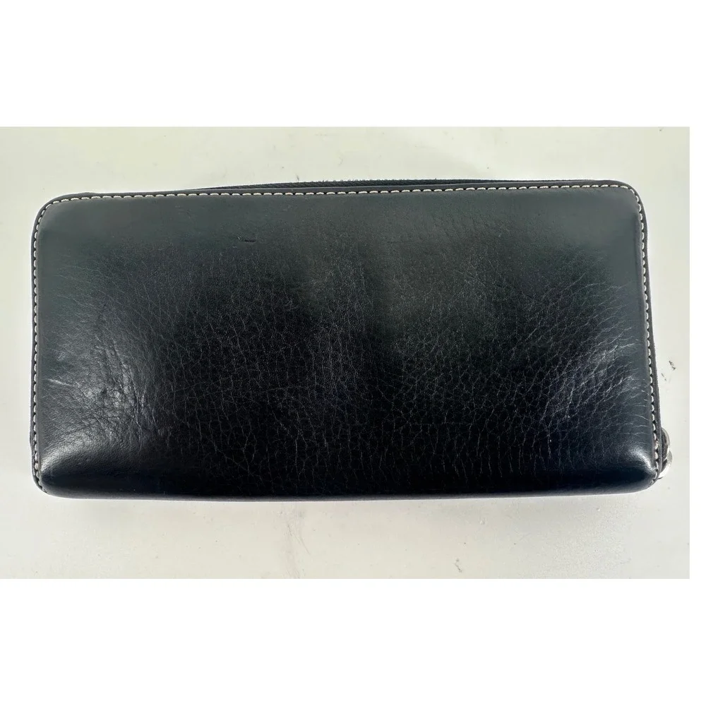 Coach‎ Black Leather Zip Around Wallet Purple Inside White Stitching Long Clutch